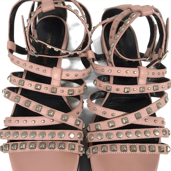 SAINT LAURENT Pink Gladiator Studded Leather Sandals 39.5 - Picture 13 of 16